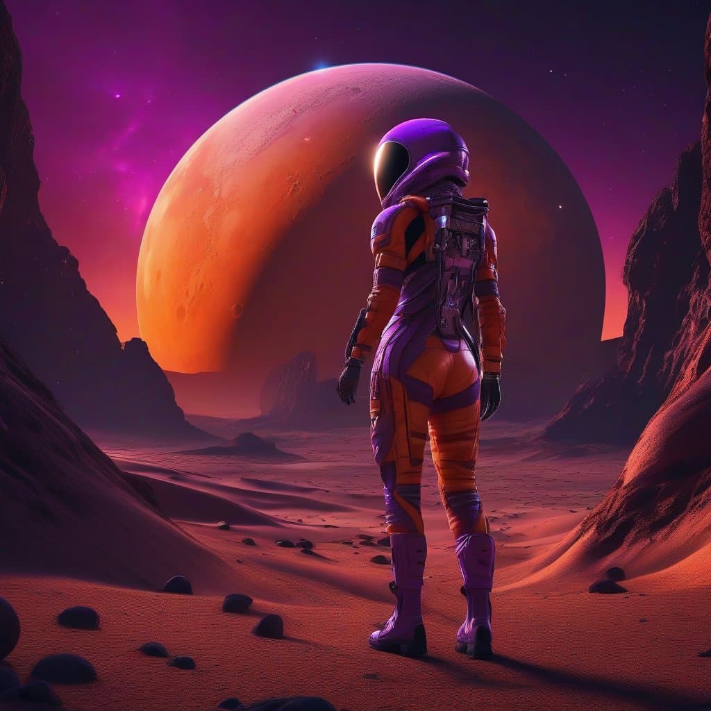 AI generated: highest quality action shot photo of alien planet, huge moon, (orange:7), (purple:8) female explorer...