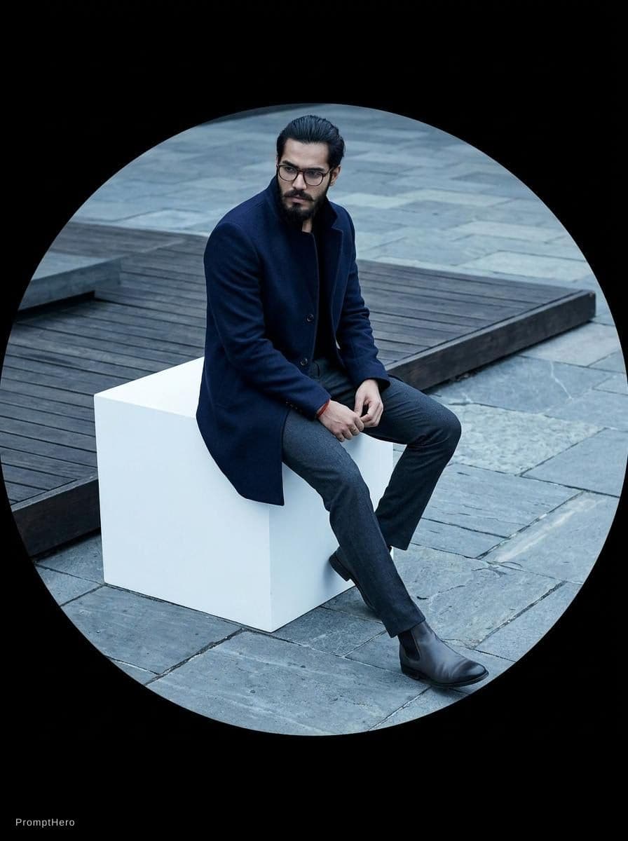 AI generated: use the image ande recreat it a man sitting on top of a white cube, official jil sander editorial, b...