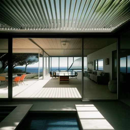 AI generated: Hyper realistic eye level exterior photo of a mid century modern style house overlooking the ocean, ...