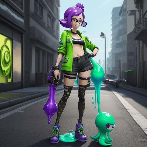 AI generated: splatoon 3 character, 3d model, adult lady, street style, unreal engine 5, green slime melt, blue an...
