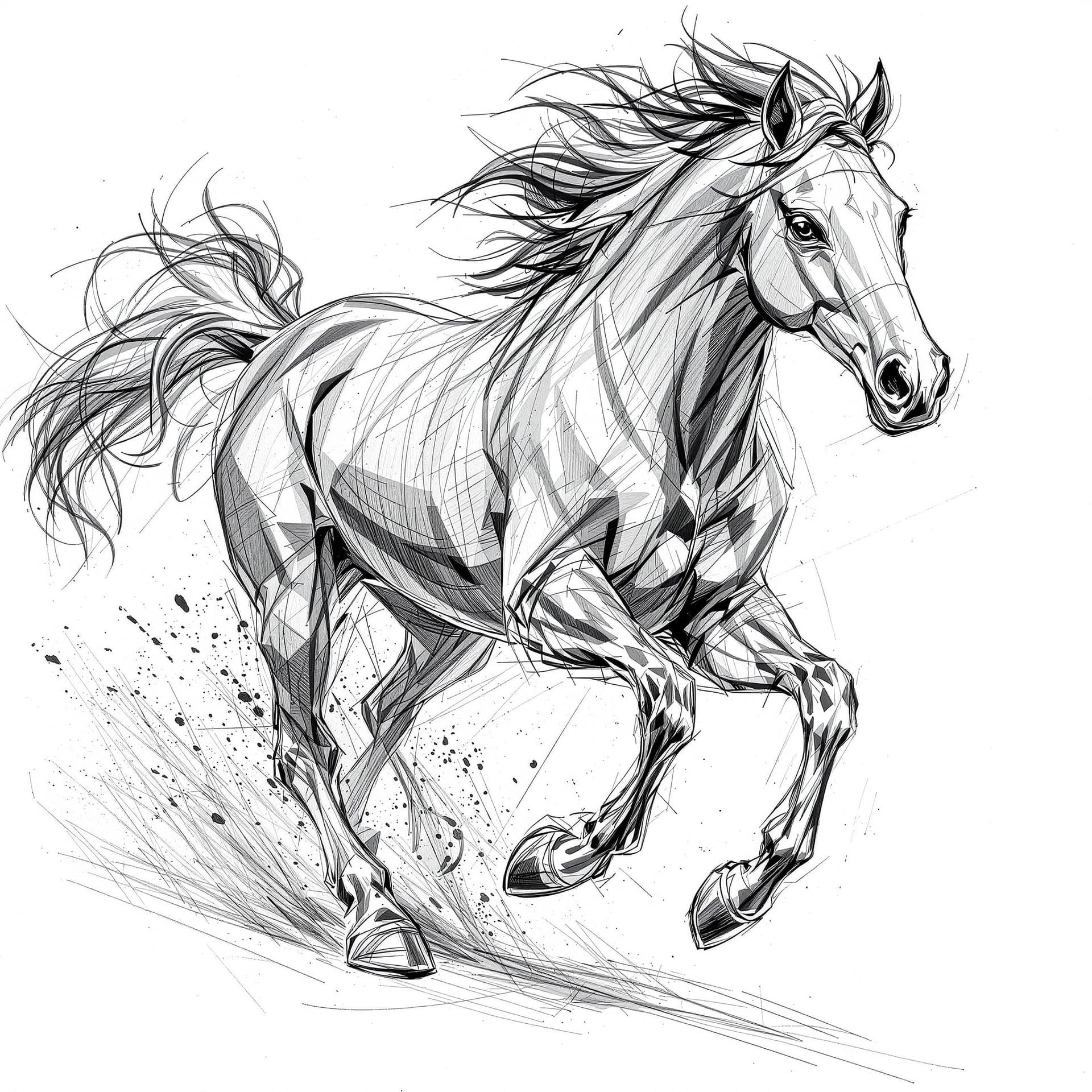 AI generated:  a pencil drawing of a running horse, in the style of bold, gestural strokes, expressive facial anim...
