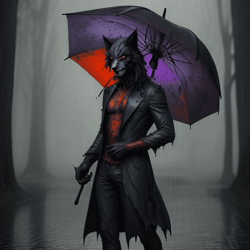 AI generated: Watercolor with ink, werewolf walking in the rain. The subject is under an umbrella, and his strikin...