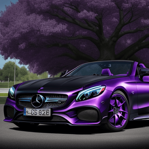 AI generated: a black sports car parked under a purple tree, purple Leaves on Everything and black, nice colors, 8...