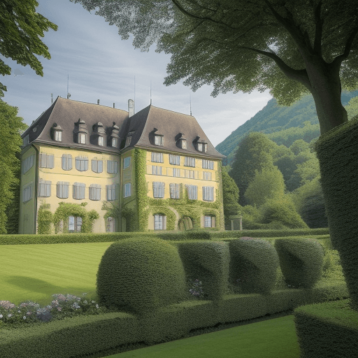 AI generated: A detailed photo of a Neuchâtel manor (surrounded by lush gardens and overlooking Lake Neuchâtel) du...