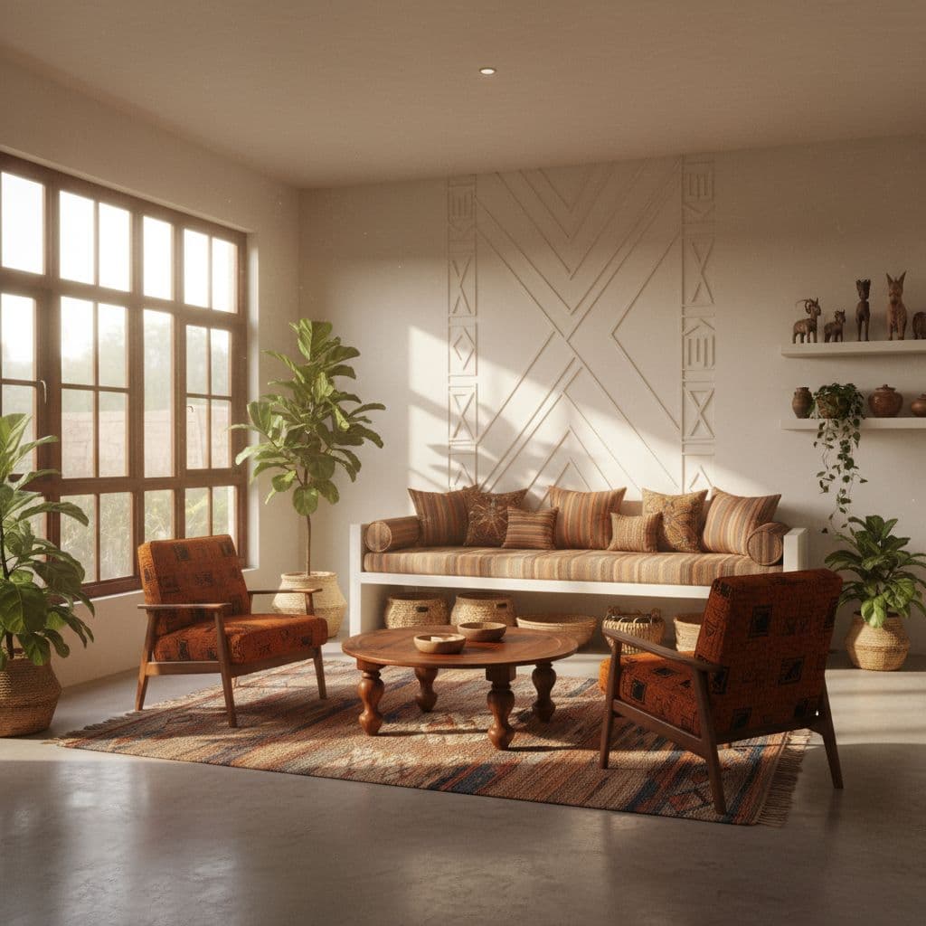AI generated: A photo-realistic, highly detailed image of an African house living room, centered in the frame and ...