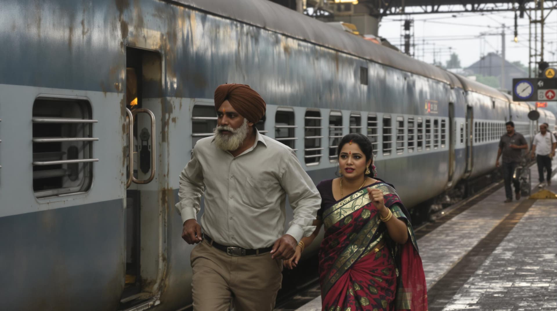 AI generated: An Indian Couple running on a train station to catch a train, Man in old clothes and women in a sari...