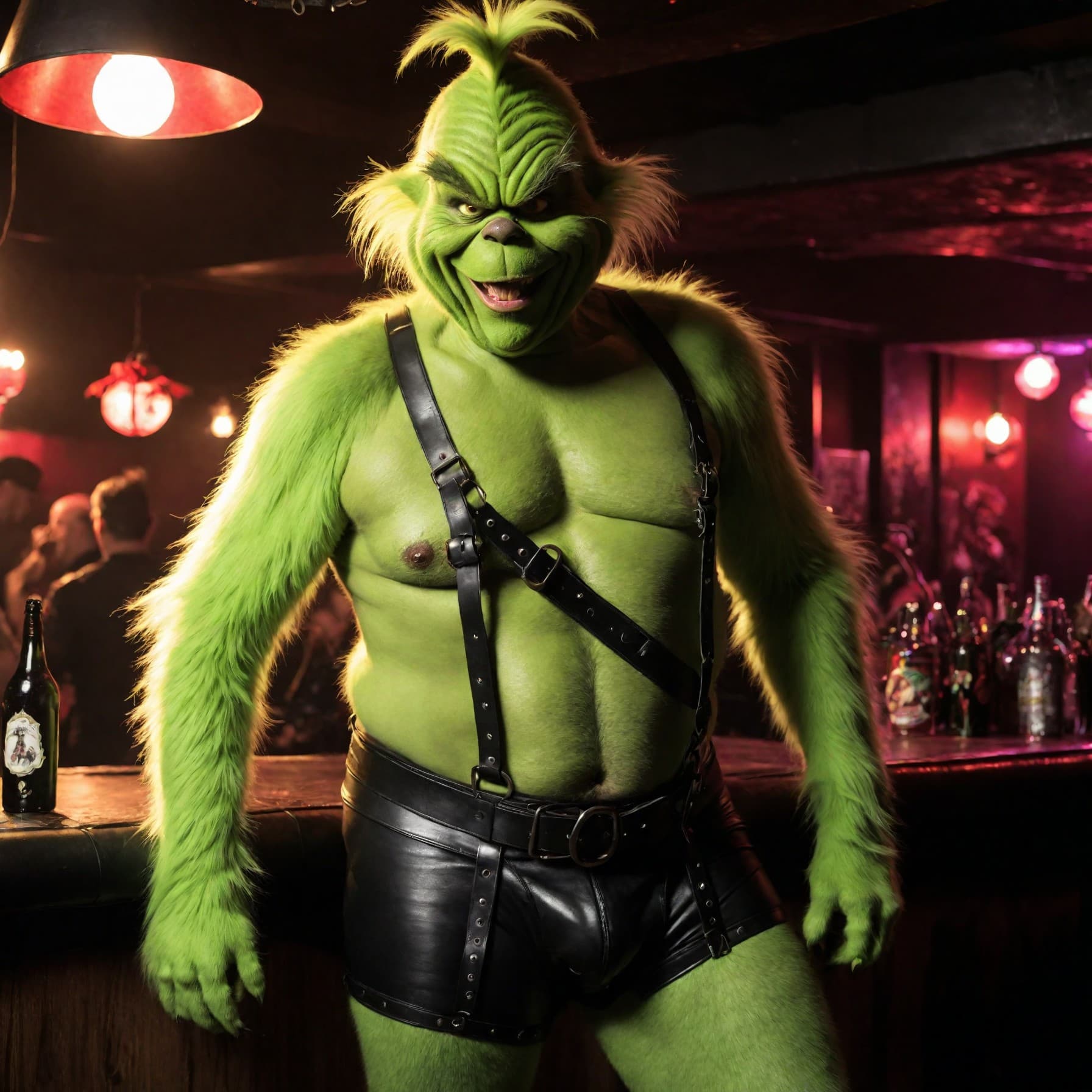 AI generated: full body shot of a gay version of the Grinch in a leather harness, leather underwear, in a gay bar ...
