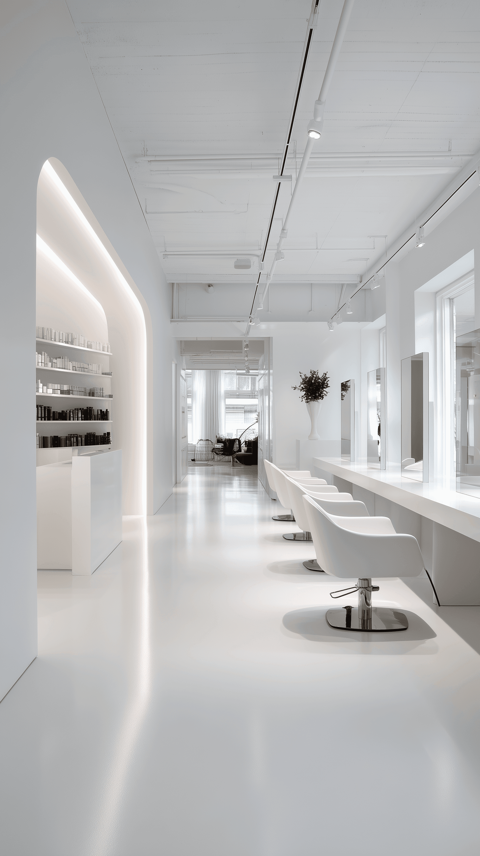 AI generated: interior photography, minimalistic style hair salon, matte white floors and a minimalist concept mat...