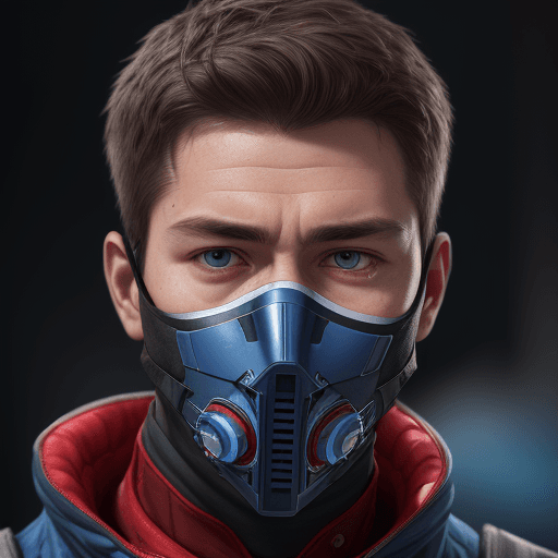 AI generated: Ultra realistic style, portrait of man wearing face mask, blue on red, front profile, looking forwar...