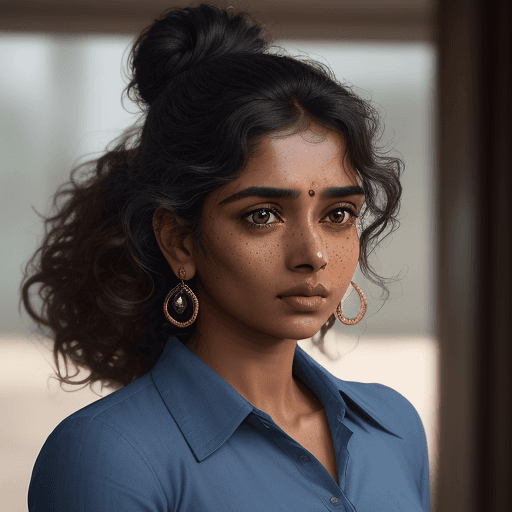 AI generated: The image features a Indian woman with long, curly hair and a glossy lip. She is wearing a blue shir...