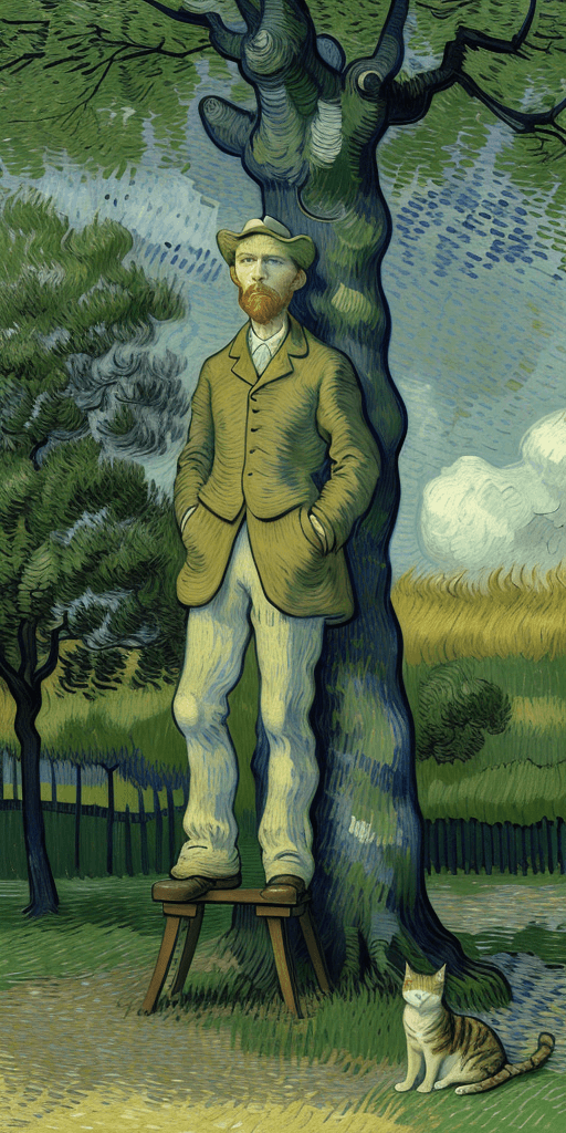 AI generated: van Gogh stands near a tree and looks at the cat sitting near his feet, realism, 4K, detailed
