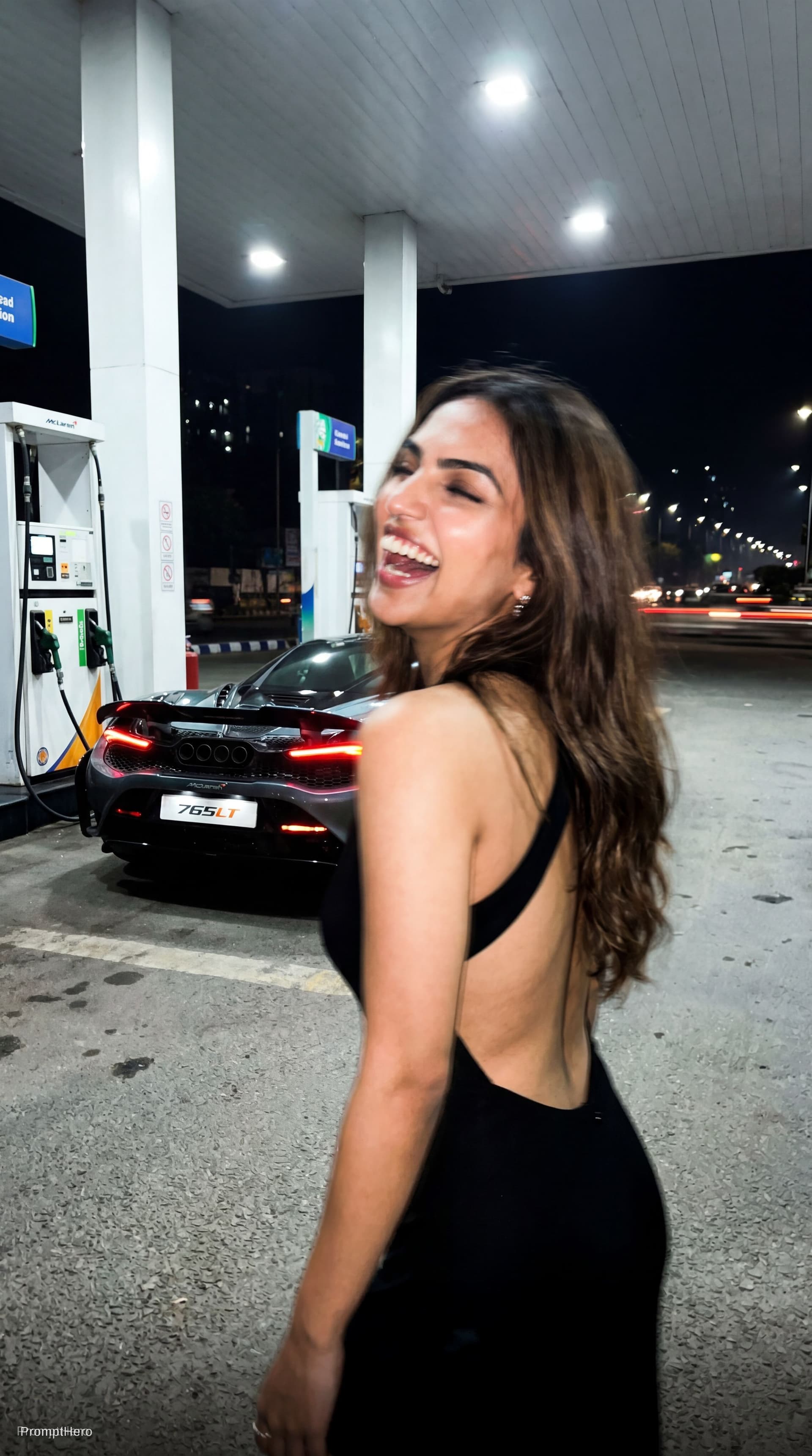 AI generated: A raw night-time iPhone flash phots at a roadside gas station. The woman is caught mid-movement in t...