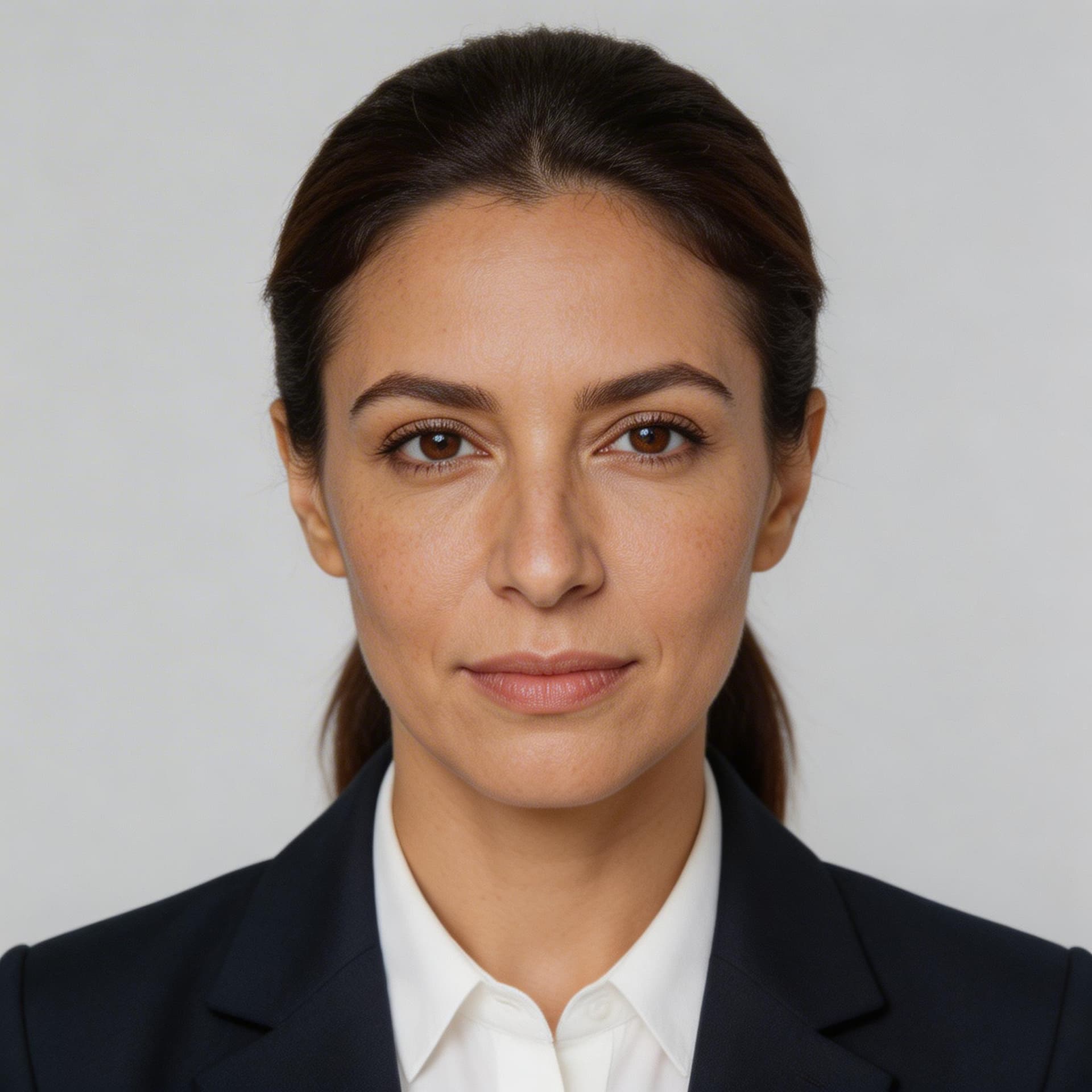 AI generated: A highly realistic ID-style portrait of a beautiful Spanish woman around 38–42 years old, with a nat...