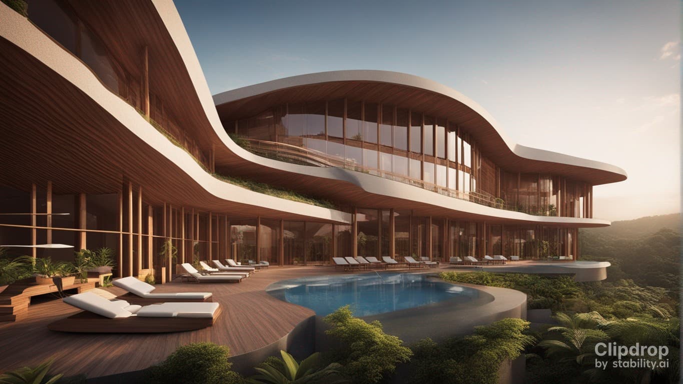 AI generated: a magnificent modern ecotourism site with a design of the peoples of Cameroon, swimming pools and be...