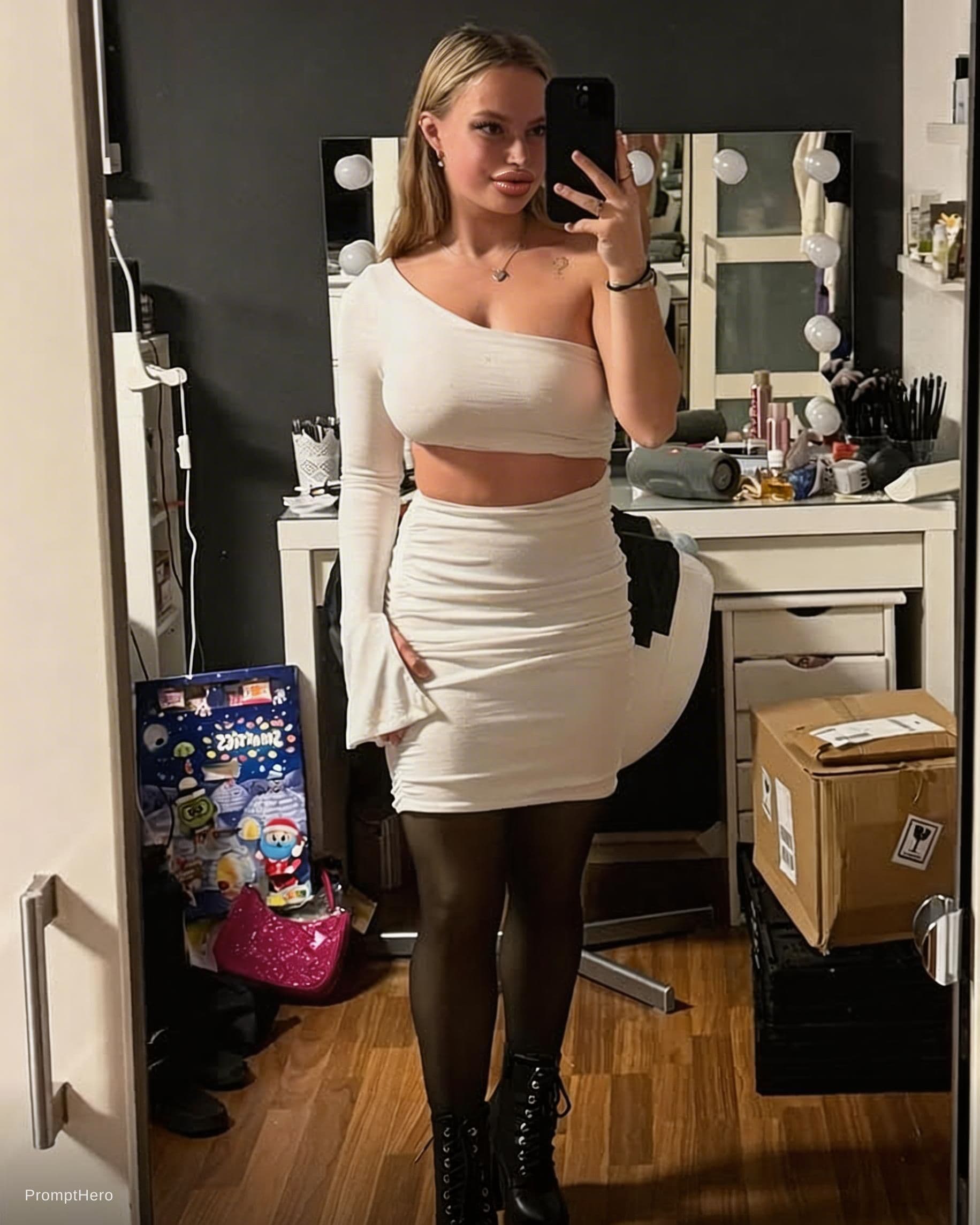 AI generated: breast augmentation, massiv lip augmentation, very deep clevage