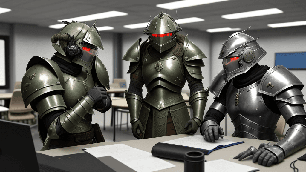 AI generated: Armoured warriors discussing in a lab