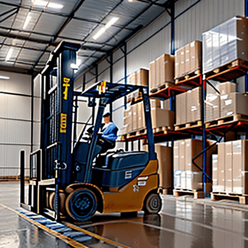 AI generated: The image depicts a warehouse from a distance, with multiple elevated racks filled with brown boxes ...