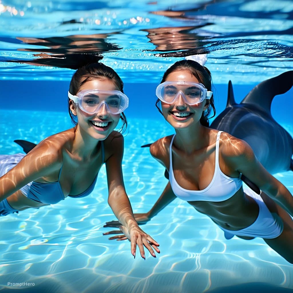 AI generated: Create a photorealistic cinematic underwater scene of two clearly adult women swimming gracefully in...
