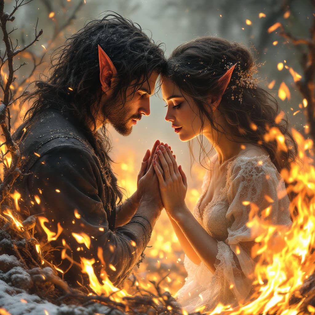 AI generated: An impossible love between a pair of forest spirits, male and female, in the middle of a terrifying ...