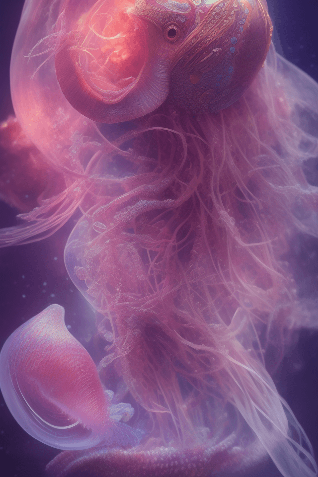 AI generated: Goddess close-up portrait ribcagel. jellyfish phoenix head, nautilus, orchid, skull, betta fish, bio...