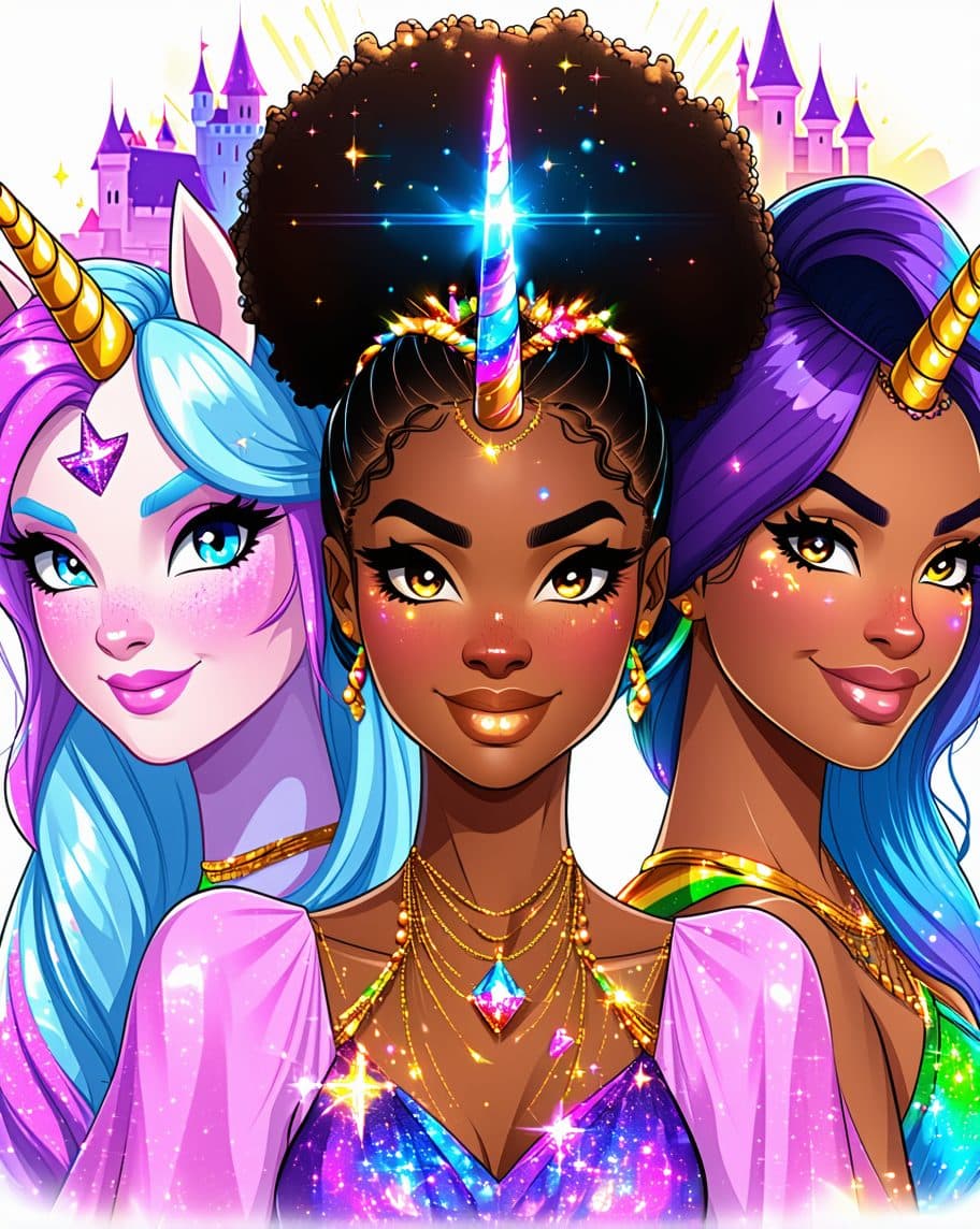 AI generated: Illustrate 3 different women on one image They are The Unicorn Guardians (Luna, Spark, and Blaze) in...