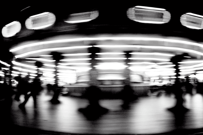 AI generated: distant photography of a merry go round | dark night | bright lights | rain | 35 mm | f/16 | film ph...