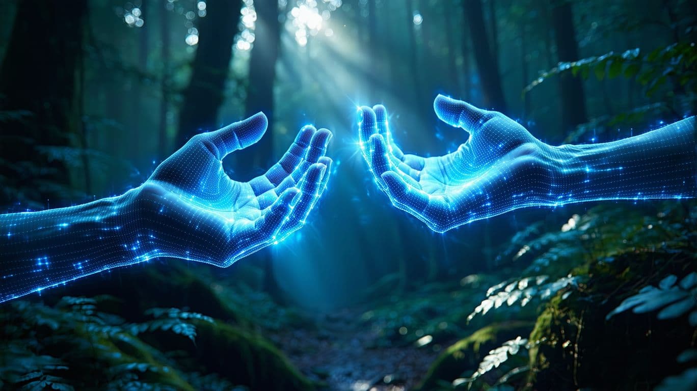 AI generated: A digital 4K  image of two ethereal glowing blue hands reaching towards each other in a mystical for...