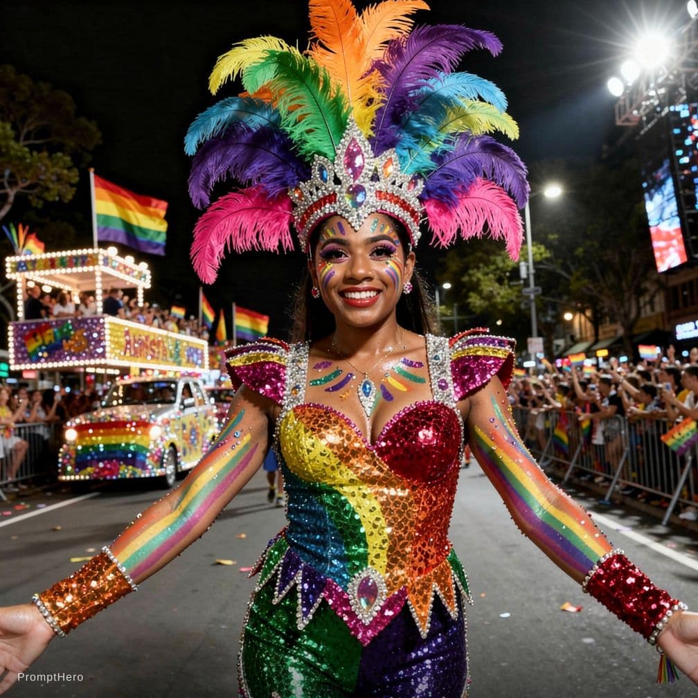 AI generated: In the vibrant and lively atmosphere of the Sydney Gay and Lesbian Mardi Gras parade, a central figu...