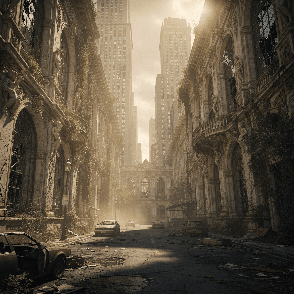AI generated: Baroque rococo architecture, architectural photography, post apocalyptic New York, hyperrealism, hyp...