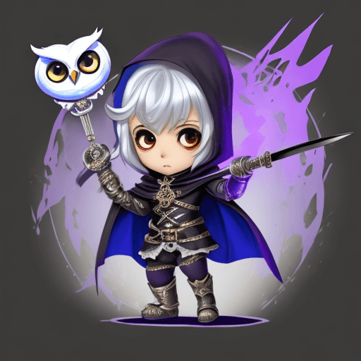 AI generated: humanoid owl chibi with cape holding ghostly swords and whip