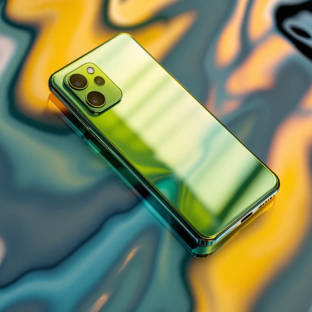 AI generated: photograph, productive, smartphone Samsung s23 ultra , white and Green ange, yellow, reflection