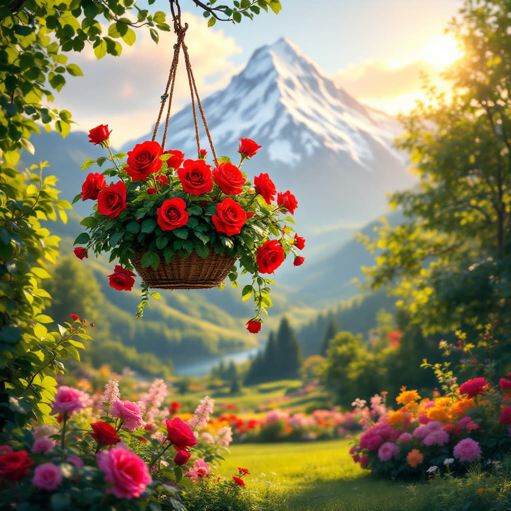 AI generated: A picturesque scene of a lush green garden, with a beautiful hanging basket filled with vibrant red ...