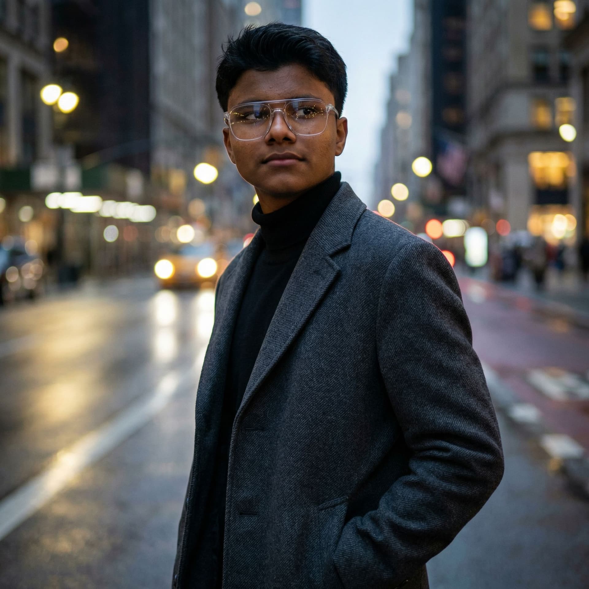 AI generated: A high-fashion Vogue-style photoshoot of a man posing confidently on a New York street at dusk. The ...