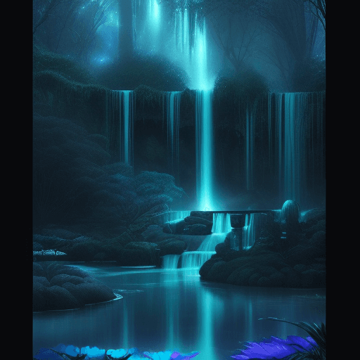 AI generated: soft teal spectral glow, gloomy midnight fae realm, rainbow springs with infinite waterfalls where d...
