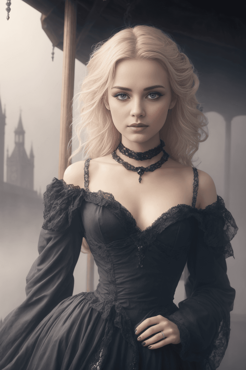 AI generated: stunning, fantasy, victorian london market, gorgeous, stunningly beautiful young woman, selling oyst...
