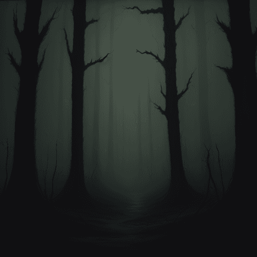 AI generated: A painting of a ominous and terrifying forest with a spooky color palette.