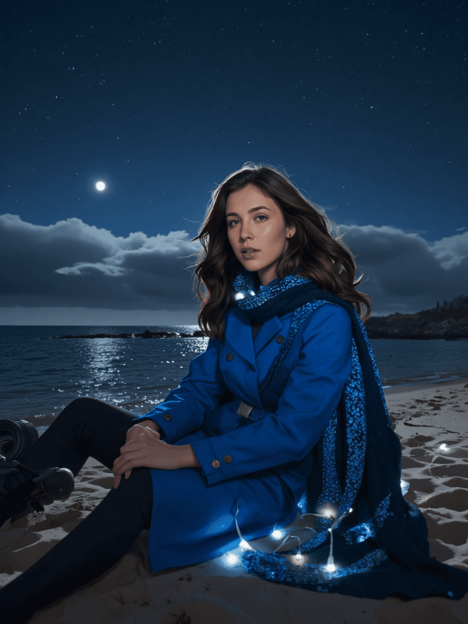 AI generated: A regal young woman in her late 20s sits at the edge of a beach under a sky sparkling with stars and...