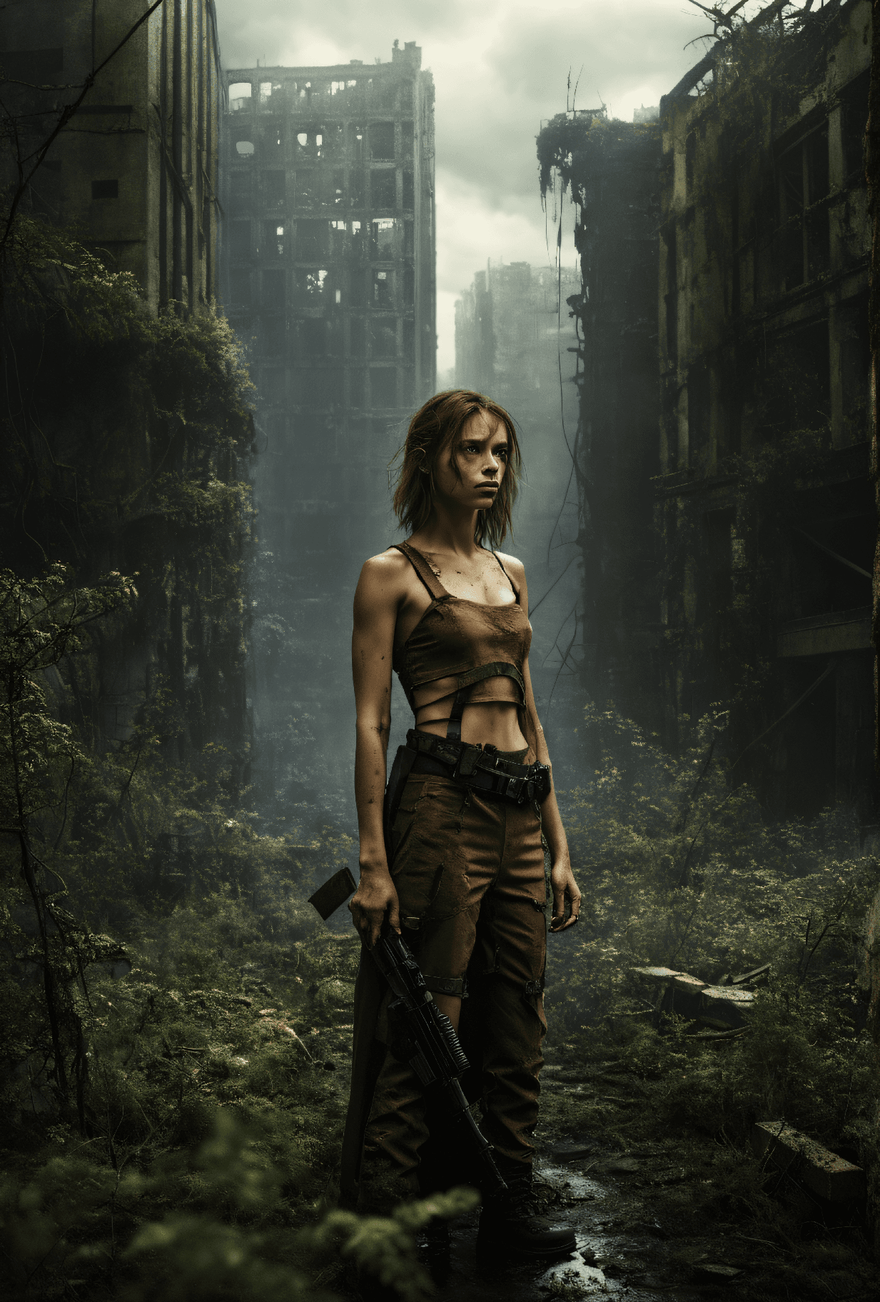 AI generated: dystopian style A photo of a resilient young woman with a slender figure, delicate chest, and expose...