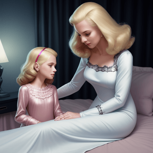 AI generated: Beautiful humanoid Bionic Nanny with blond hair wearing a 60s style gown, tucking a preteen girl wea...