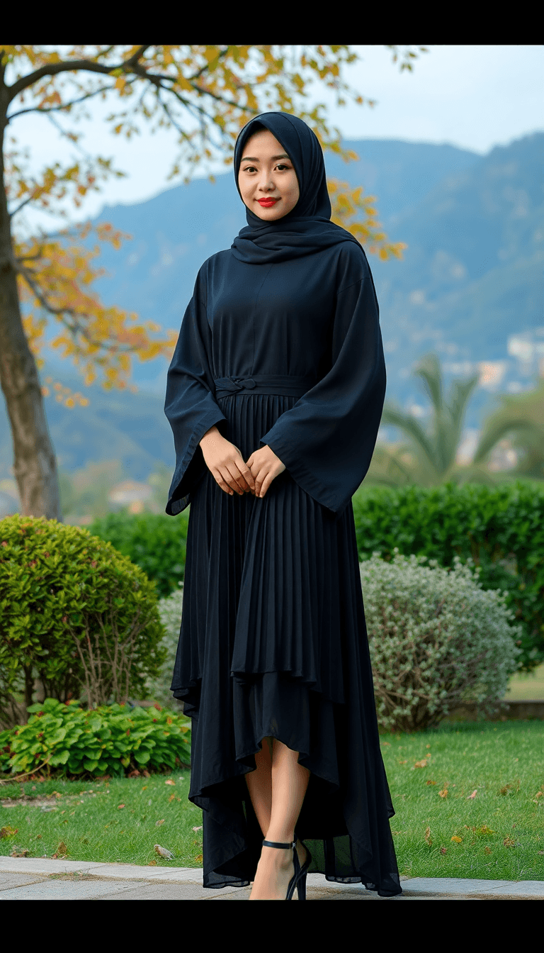 AI generated: a girl, Korean woman, korean ulzzang face, in a dress clothes, wear a black hijab and beautiful blac...