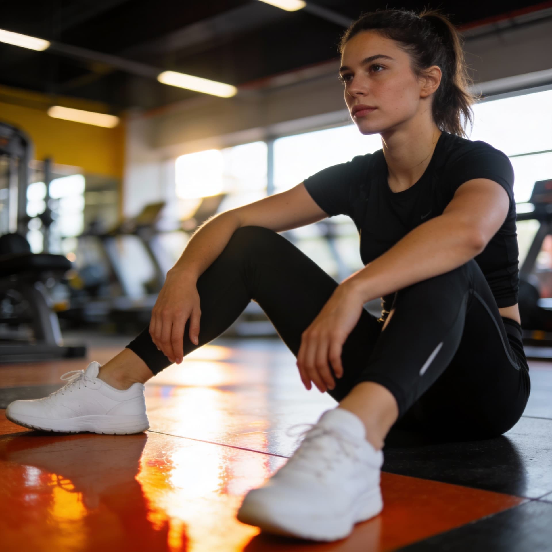 AI generated: ^lailla^ A person is sitting on the floor of a gym, wearing a black workout outfit and white shoes, ...