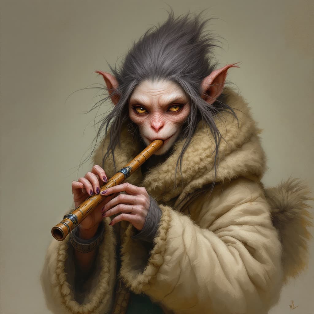 AI generated: a simiah woman from daggerheart, she is humanoid monky, transvers flute, fantasy figur, a puffy wool...