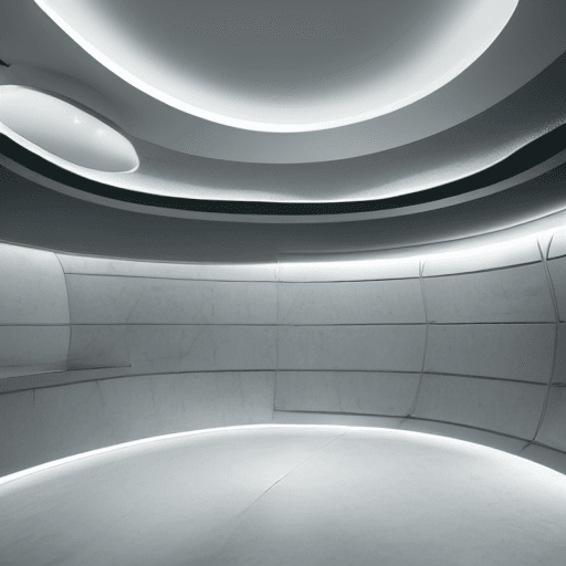 AI generated: windowless futuristic curved 
room for meditation, sleek organically shaped interior design, peacefu...