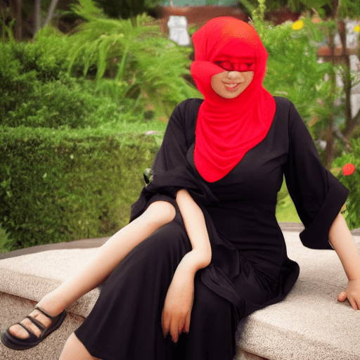 AI generated: big breast asian hijabi, mid 30 black dress, half body