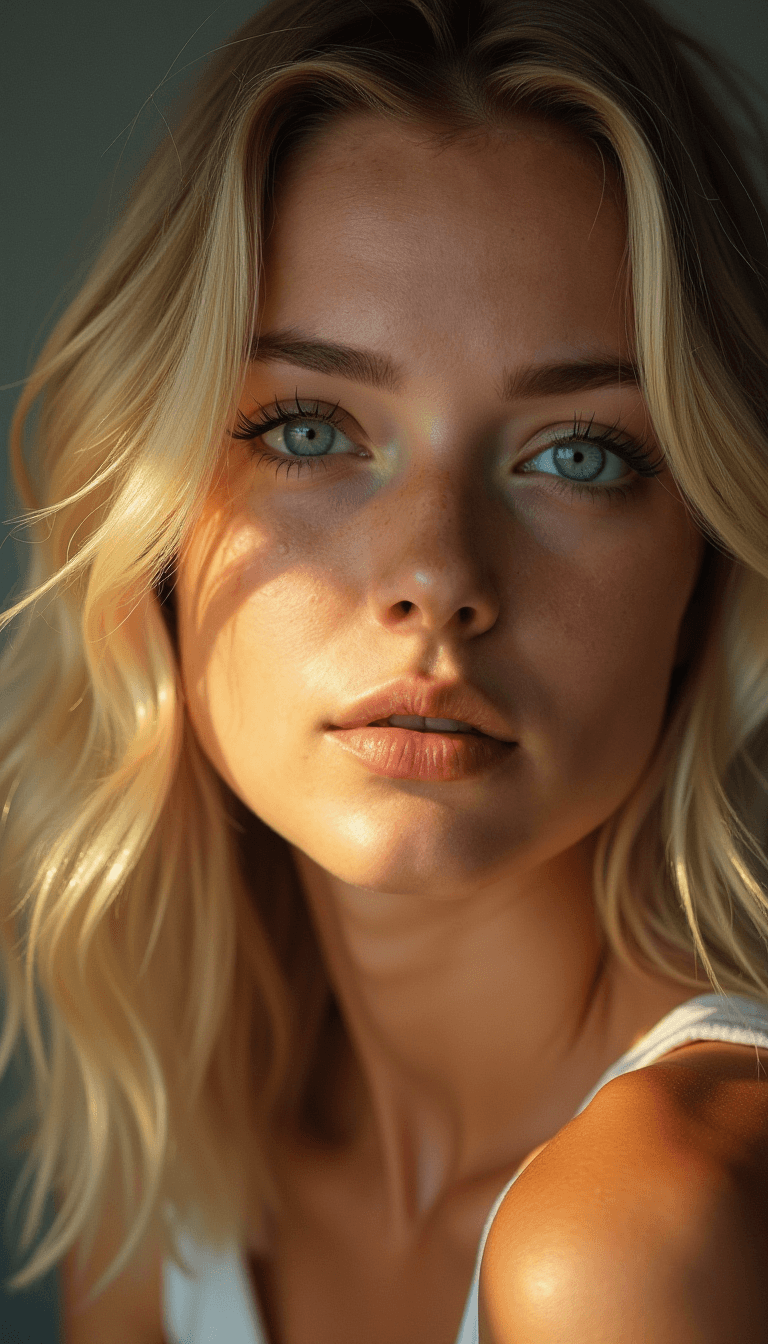 AI generated: A close-up portrait of a woman with blonde hair and blue eyes, facing the camera directly. Soft side...