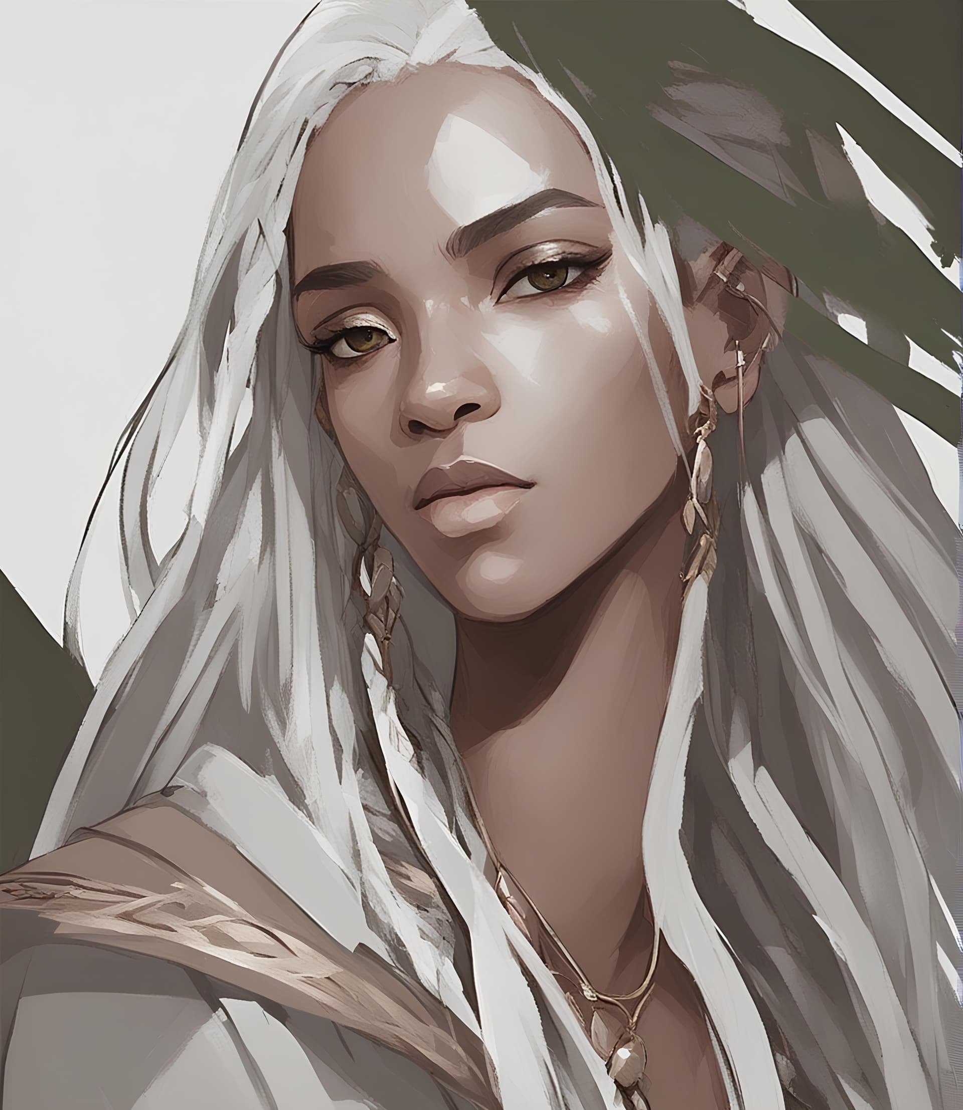 AI generated: a close up of a person with long hair, inspired by WLOP, white braids, ( ( dark skin ) ), a portrait...