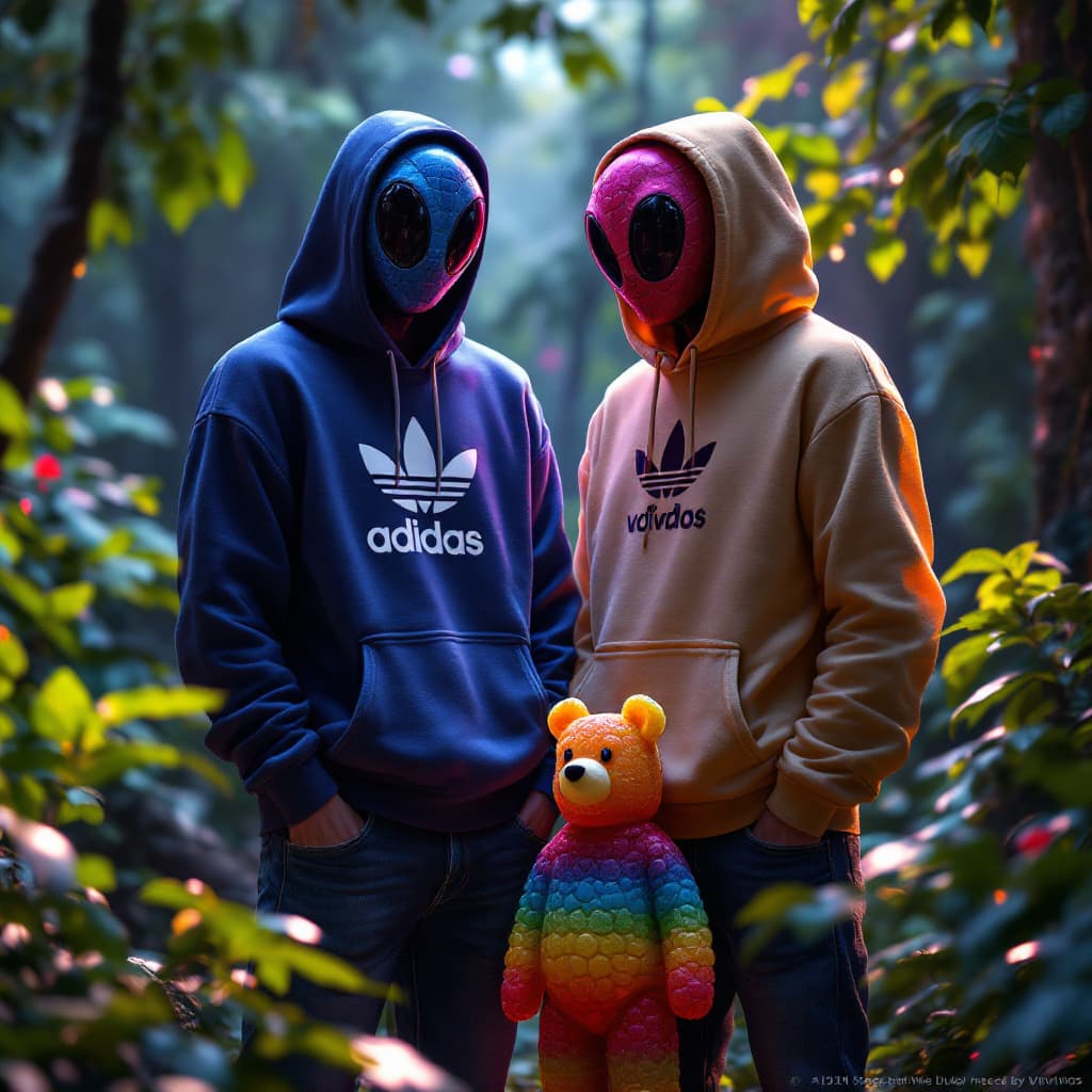 AI generated: Ivan and Till from Alien Stage made by VIVINOS standing in a rainforest side by side wearing Adidas ...