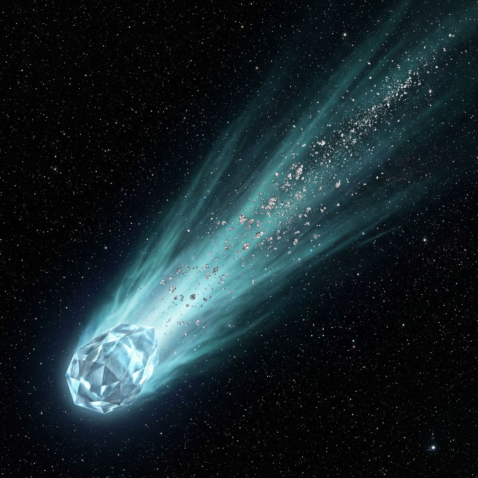 AI generated: a diamond comet with a long Teal tail with teal and silver sparkles sprinkling off of it in the dark...