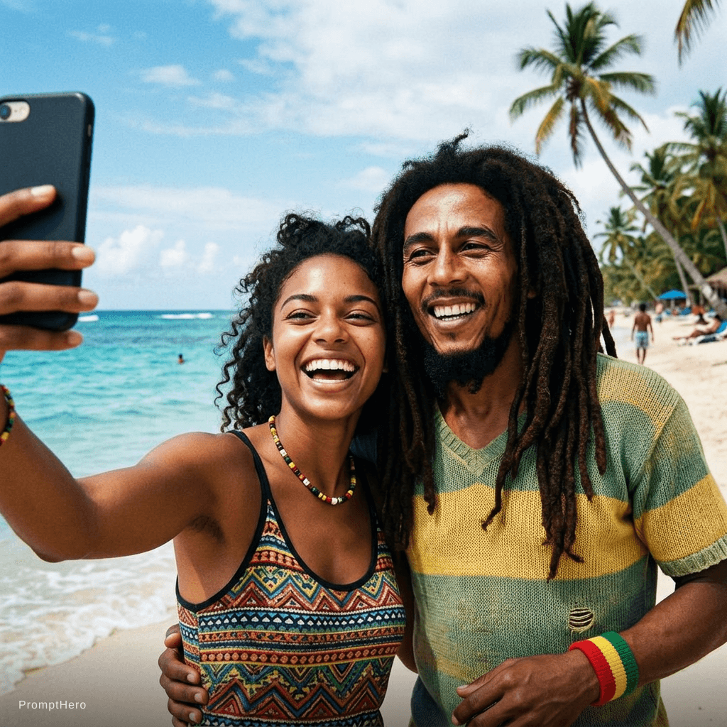 AI generated: with bob marley at a tropical beach, sunny day, both smiling