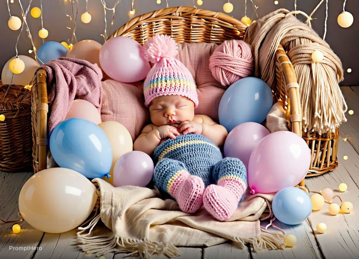 AI generated: create a image of a newborn in a super padded pink and blue crib with balloons around it with soft g...